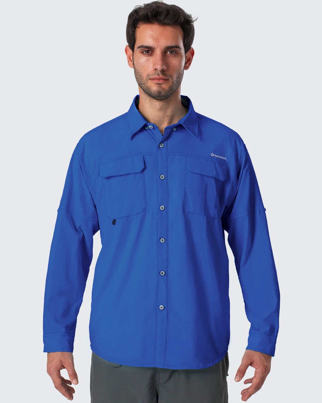 NAVISKIN Men's UPF 50+ Sun Protection Clothing Hiking Fishing Shirt Lightweight Quick Dry SPF Outdoor Long Sleeve Shirt, Vivid Blue / Large