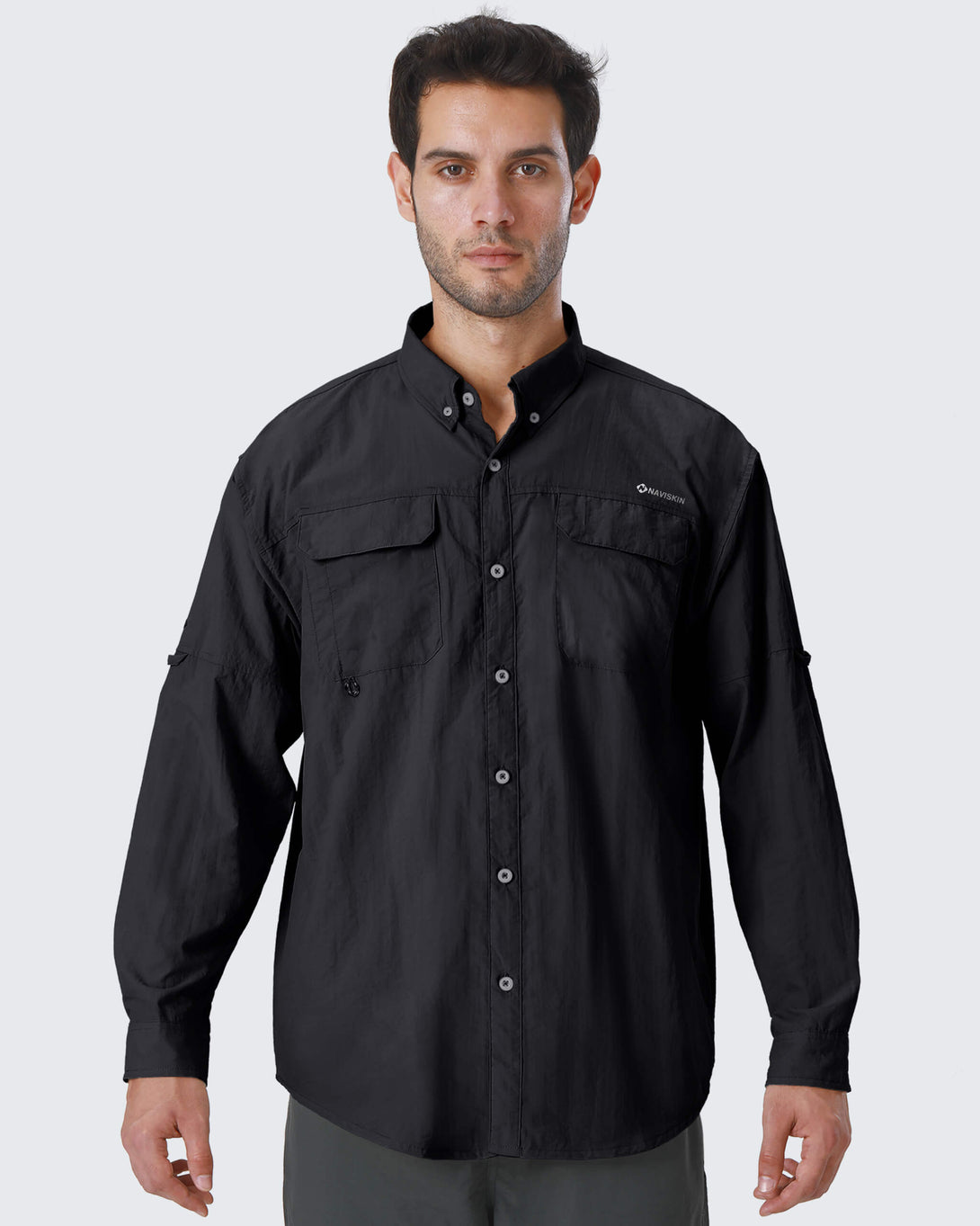 NAVISKIN Men's UPF 50+ Sun Protection Clothing Hiking Fishing Shirt Lightweight Quick Dry SPF Outdoor Long Sleeve Shirt, Black / Medium