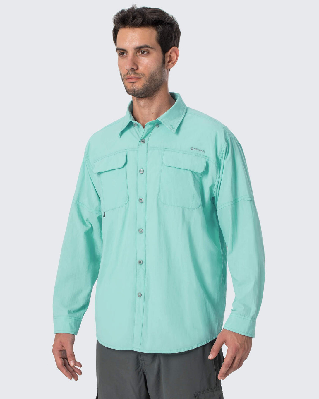 NAVISKIN Men's UPF 50+ Sun Protection Clothing Hiking Fishing Shirt Lightweight Quick Dry SPF Outdoor Long Sleeve Shirt, Light Green / XX-Large