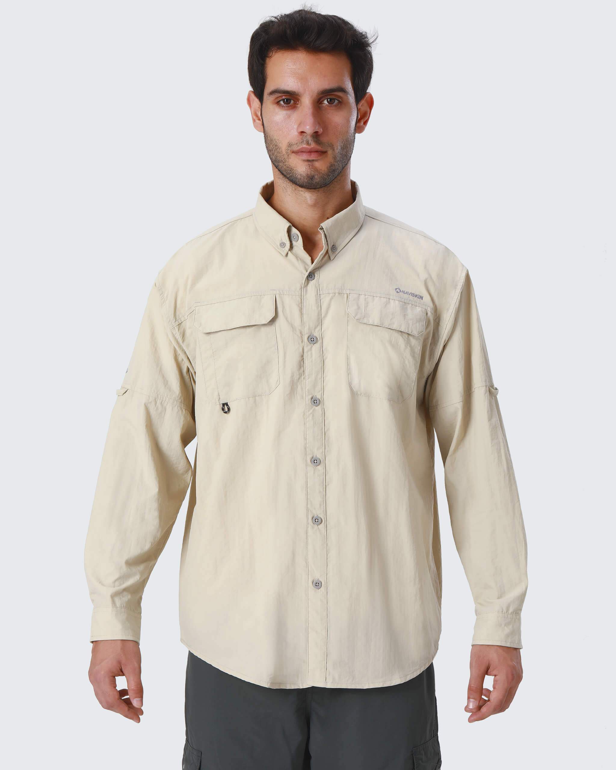 NAVISKIN Men's UPF 50+ Sun Protection Clothing Hiking Fishing Shirt Lightweight Quick Dry SPF Outdoor Long Sleeve Shirt, Khaki / Small