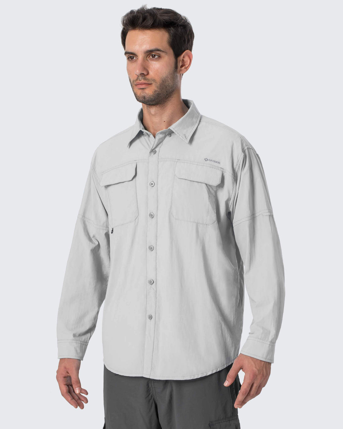 NAVISKIN Men's UPF 50+ Sun Protection Clothing Hiking Fishing Shirt Lightweight Quick Dry SPF Outdoor Long Sleeve Shirt, Grey / X-Large